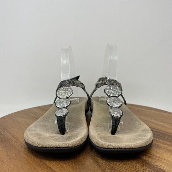 Vionic Sandals Womens 5 Lizbeth Snake Thong Ankle Strap Flats Silver Accents - Picture 2 of 7
